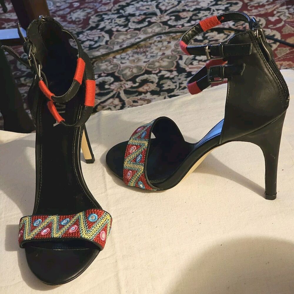 Mia Rama Boho Double Strap Stiletto Heel Sandals Shoe Back Zip Vegan Sz 8.5M